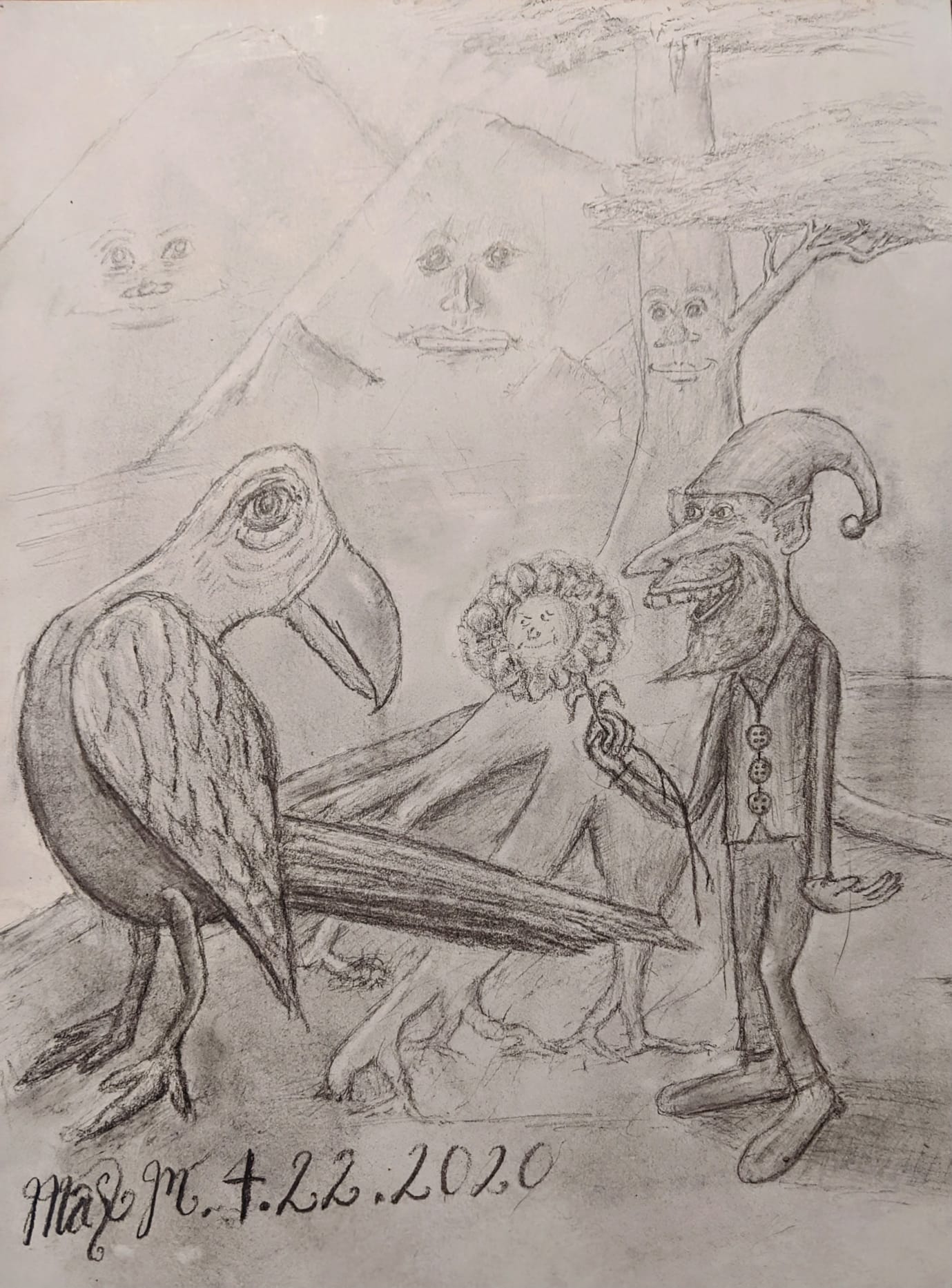 A graphite pencil sketch of a cartoon character